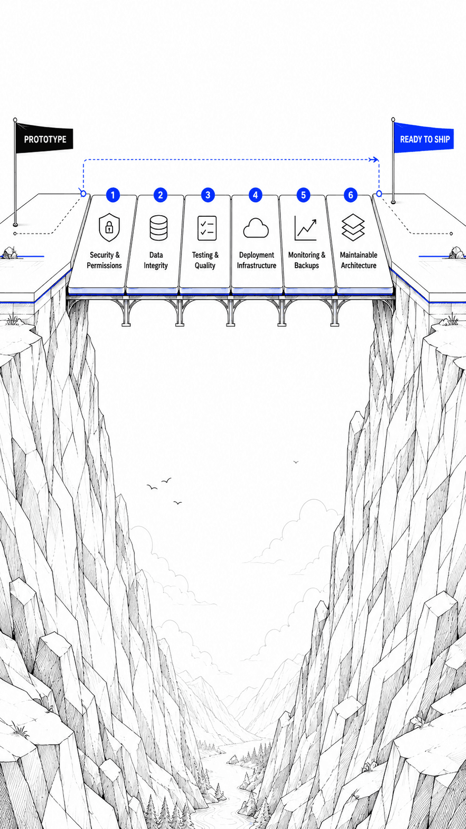 Bridge illustration showing the path from prototype to ready to ship.